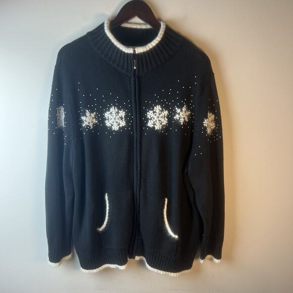 Quacker Factory Sweater 2X Women's Snowflake Sweater Zip Cardigan Black - Picture 1 of 9